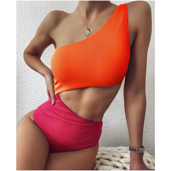 One Shoulder Color Block Monokini One Piece Swim - Picture 1 of 5